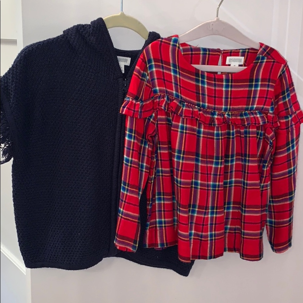 Gymboree sweater poncho and Plaid blouse